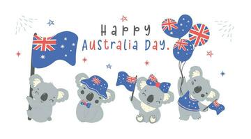 contento Australia día coala osos, grupo de bebé animal celebrar australiano nación día dibujos animados mano dibujo bandera vector