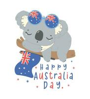 contento Australia día coala dormido con bandera en árbol. adorable animal celebrar australiano nación día dibujos animados mano dibujo. vector