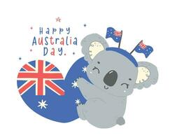 contento Australia día coala abrazo bandera corazón en adorable pose. animal celebrar australiano nación día dibujos animados mano dibujo. vector