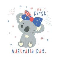 primero Australia día bebé coala con bandera en adorable actitud animal celebrar australiano nación día dibujos animados mano dibujo. vector