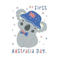 primero Australia día bebé coala con bandera en adorable actitud animal celebrar australiano nación día dibujos animados mano dibujo. vector