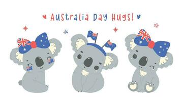 contento Australia día coala osos con bandera, grupo de adorable bebé animal celebrar australiano nación día dibujos animados mano dibujo bandera vector