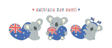 Australia día koalas con corazón bandera en corazón forma, grupo de bebé animal celebrar australiano nación día dibujos animados mano dibujo. bandera vector