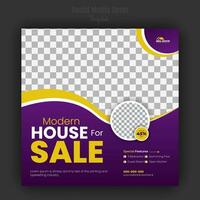 Modern, minimalist, luxury, elegant house for sale, social media post design template real estate company property sale promotion, renovation square banner, poster with purple and yellow color shapes vector