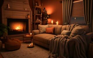 AI generated a cozy minimalist living room with fireplace interior design photo