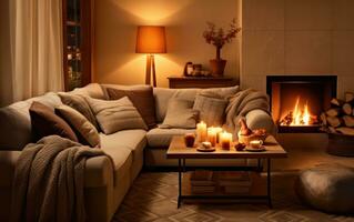 AI generated a cozy minimalist living room with fireplace interior design photo