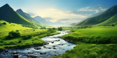 AI generated Green Mountain Surroundings with Meandering River photo