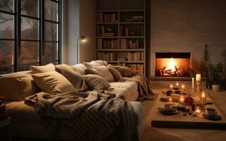 AI generated a cozy minimalist living room with fireplace interior design photo
