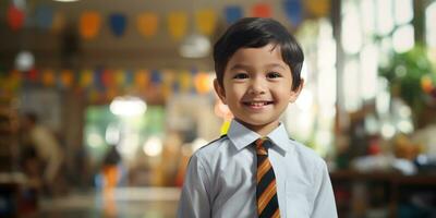 ai generado un reconfortante sonrisa desde un pequeño colegial foto