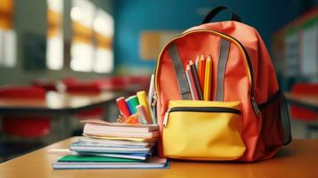 AI generated Adorable Schoolchild Backpack Filled with Essential Supplies photo