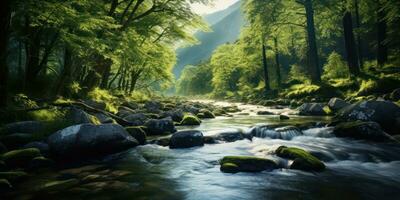 AI generated Running River in the Midst of Green Mountains photo