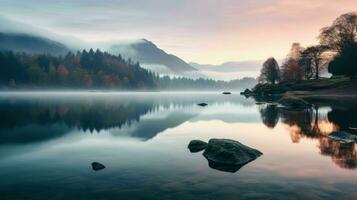 AI generated Lakeside Tranquillity in the Soft Dawn Light with Mountain Silhouettes photo