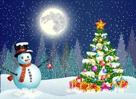 cute snowman decorating a Christmas tree vector