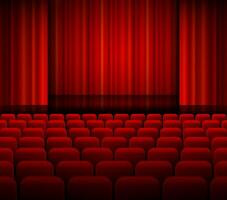 Open theater red curtains with light and seats. vector