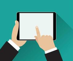 Hand touching screen of black tablet vector