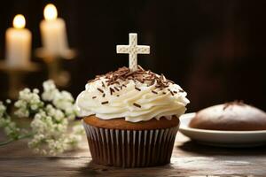 ai generado delicioso Pascua de Resurrección chocolate magdalena con católico cruzar decoración en el mesa, oscuro fondo, velas foto