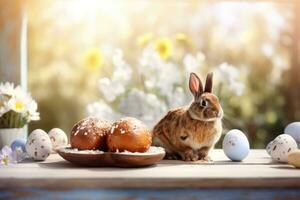 AI Generated On a wooden table there is an Easter bunny with colorful eggs and a hot cross bun photo