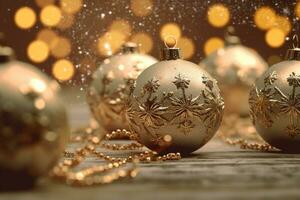 AI generated Golden Christmas balls on snow photo