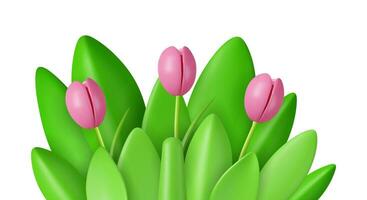 3d realistic tulip, grass and leaves vector