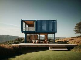 AI generated Container Villa or Apartment. Minimalist House Made of Shipping Containers, 3D Illustration photo