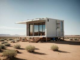 AI generated Desert Container Home. 3D Illustration of Modern House Made from Freight Shipping Container photo