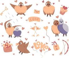 Set of valentine's day birds with heart, envelope,key,word love, lock, martini,bow and arrow,cupcake vector