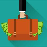 Businessman hand holding briefcase full of money vector