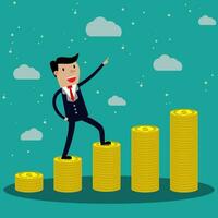 Cartoon Businessman step on stack of gold coin. vector