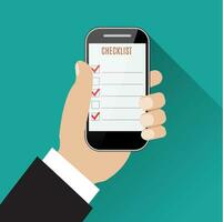 Hand holding smartphone with checklist vector