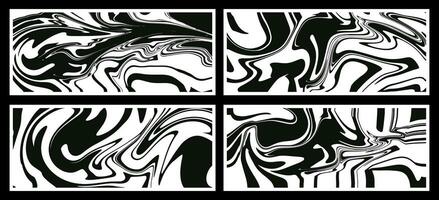 Set of wavy trippy patterns in black on a white background. Vector abstract background. Aesthetic texture with flowing waves in the style of the 1970s.