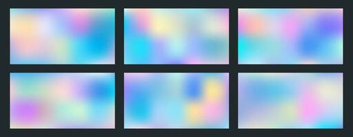 Set of gradient backgrounds. Vector, dreamy backdrop, neon design element. Fashionable holographic defocused texture. Digital gradient paper in Funky Cool Tech style. vector