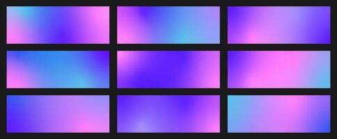 Set of Purple and blue gradient backgrounds. Vector, dreamy backdrop, neon design element. Fashionable holographic defocused texture. Digital gradient paper in Funky Cool Tech style. vector