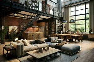 AI generated Loft style house sofa. Generate Ai photo