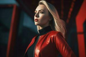 AI generated Blonde woman in modern red leather jacket. Generate ai photo