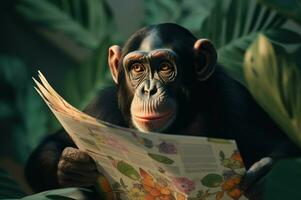 ai generado chimpancé sostiene periódico. generar ai foto