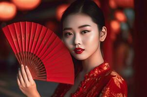 AI generated Stunning Chinese girl holding red fan. Generate ai photo