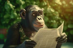 ai generado curioso chimpancé sostiene periódico. generar ai foto