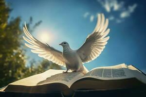 AI generated Dove with open wings on bible with blue sky scene. Generate ai photo