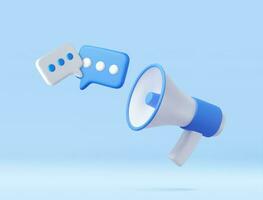 Megaphone with messages icon isolated on background. Online marketing with loudspeaker. Blue and White. 3D Rendering vector