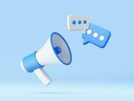 Megaphone with messages icon isolated on background. Online marketing with loudspeaker. Blue and White. 3D Rendering vector