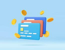 3d Credit card, floating coins around vector