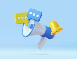 3D Megaphone with speech bubble and bell notification. vector