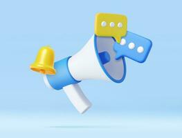 3D Megaphone with speech bubble and bell notification. vector