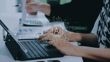 Ai tech, businessman show virtual graphic Global Internet connect robot Chat with AI, Artificial Intelligence. Using command prompt for generates something, Futuristic technology transformation. video