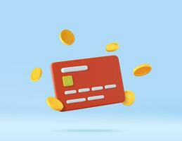 3d crédito tarjeta, flotante monedas alrededor vector