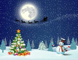 Cute snowman on the background of night sky vector