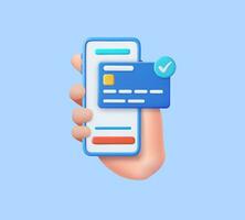 3D Hand holding mobile phone with credit card vector