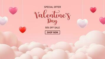 3d Valentines day sale poster with red and pink hearts background vector