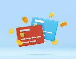 3d Credit card, floating coins around vector