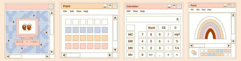 User Interface y2k set cards. Retro stickers Browser windows. Cute personal computer character with psychedelic smile and emotion, Paint, Calculator. Delicate pastels vector illustration.